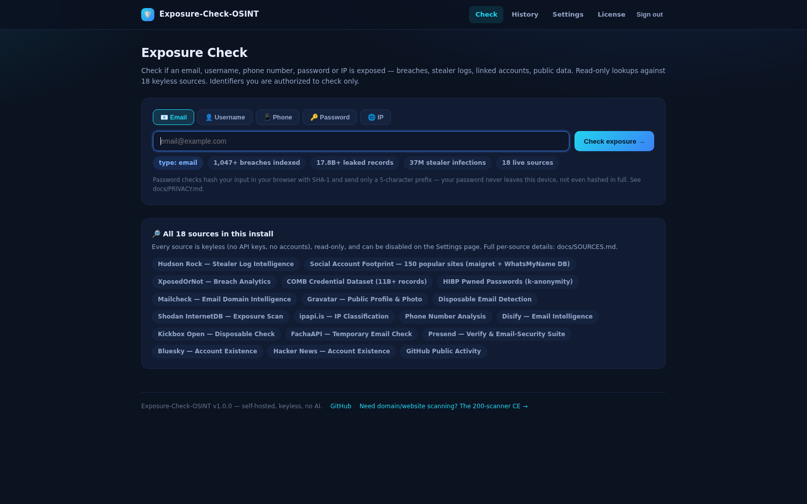 Exposure Check dashboard — one input, five identifier types, live corpus stats